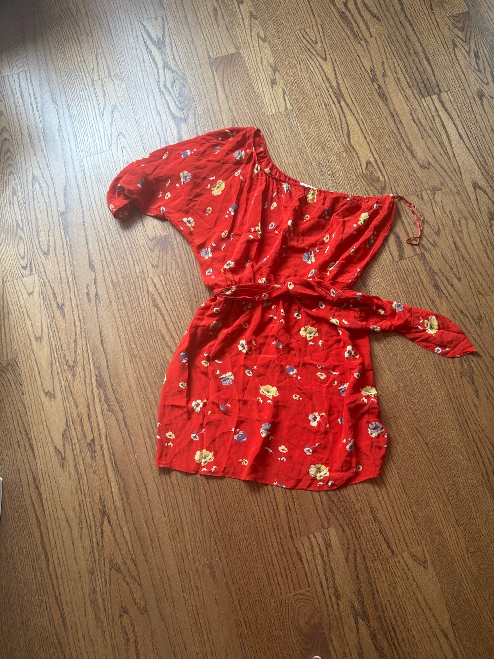 Rebecca Taylor Red Floral One-Shoulder Dress with Blue and Yellow Accents